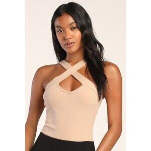 Lulus Weekend Outing Beige Ribbed Cross-front Bodysuit - Size XL